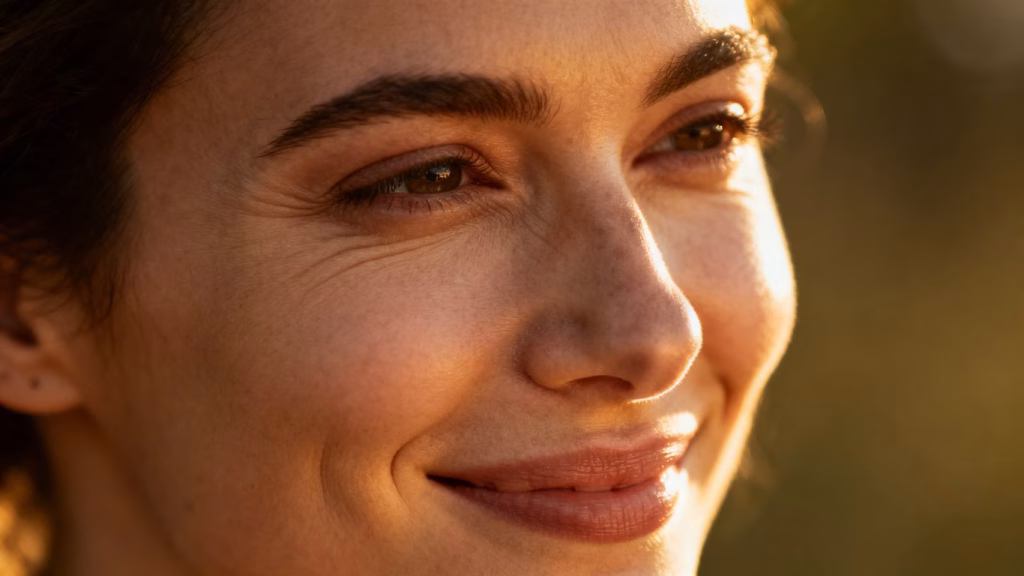 Woman with natural facial expressions after cosmetic treatment.