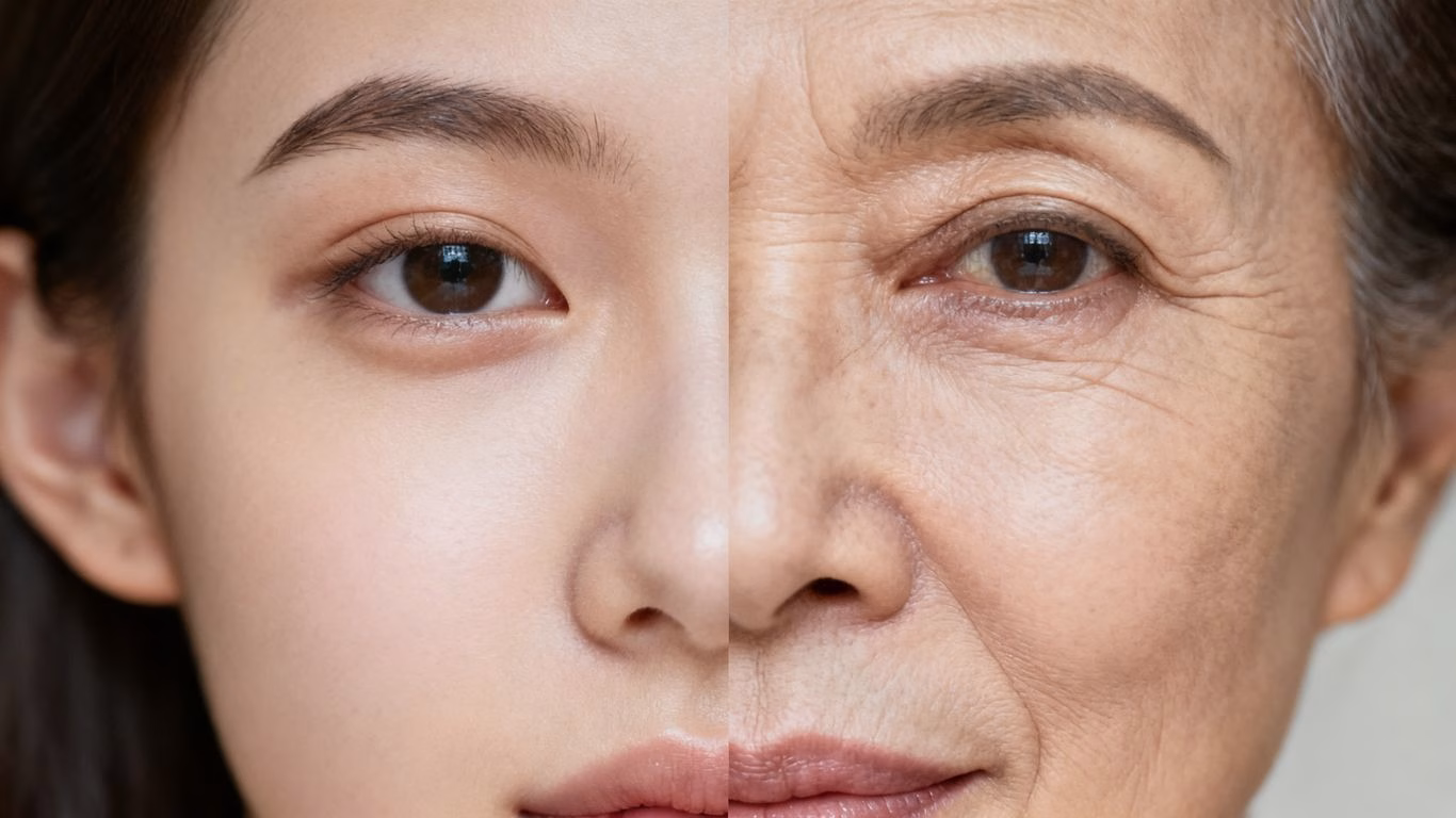 Split image showing youthful and slightly lined faces.