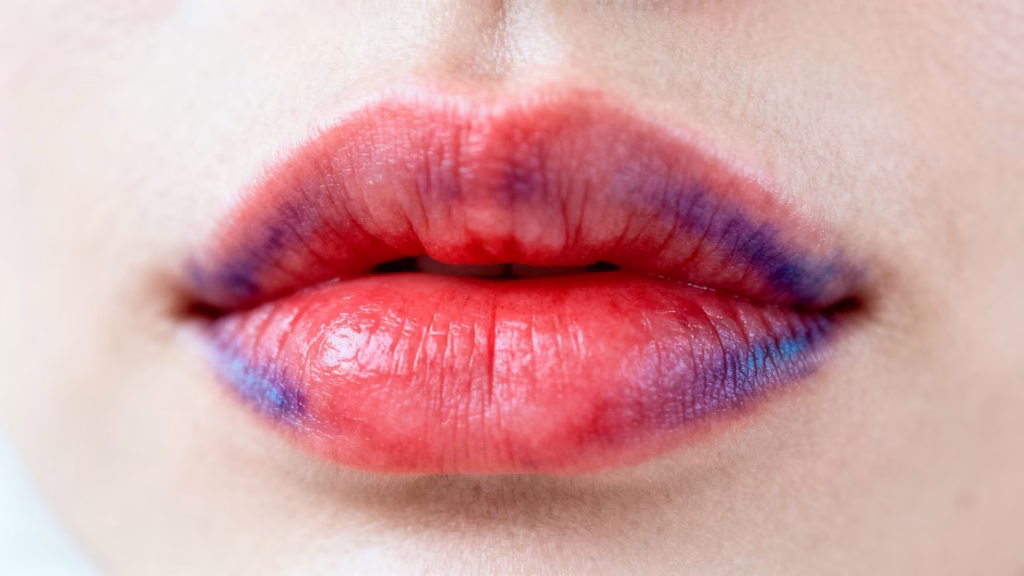 Lips showing swelling and redness after filler treatment.