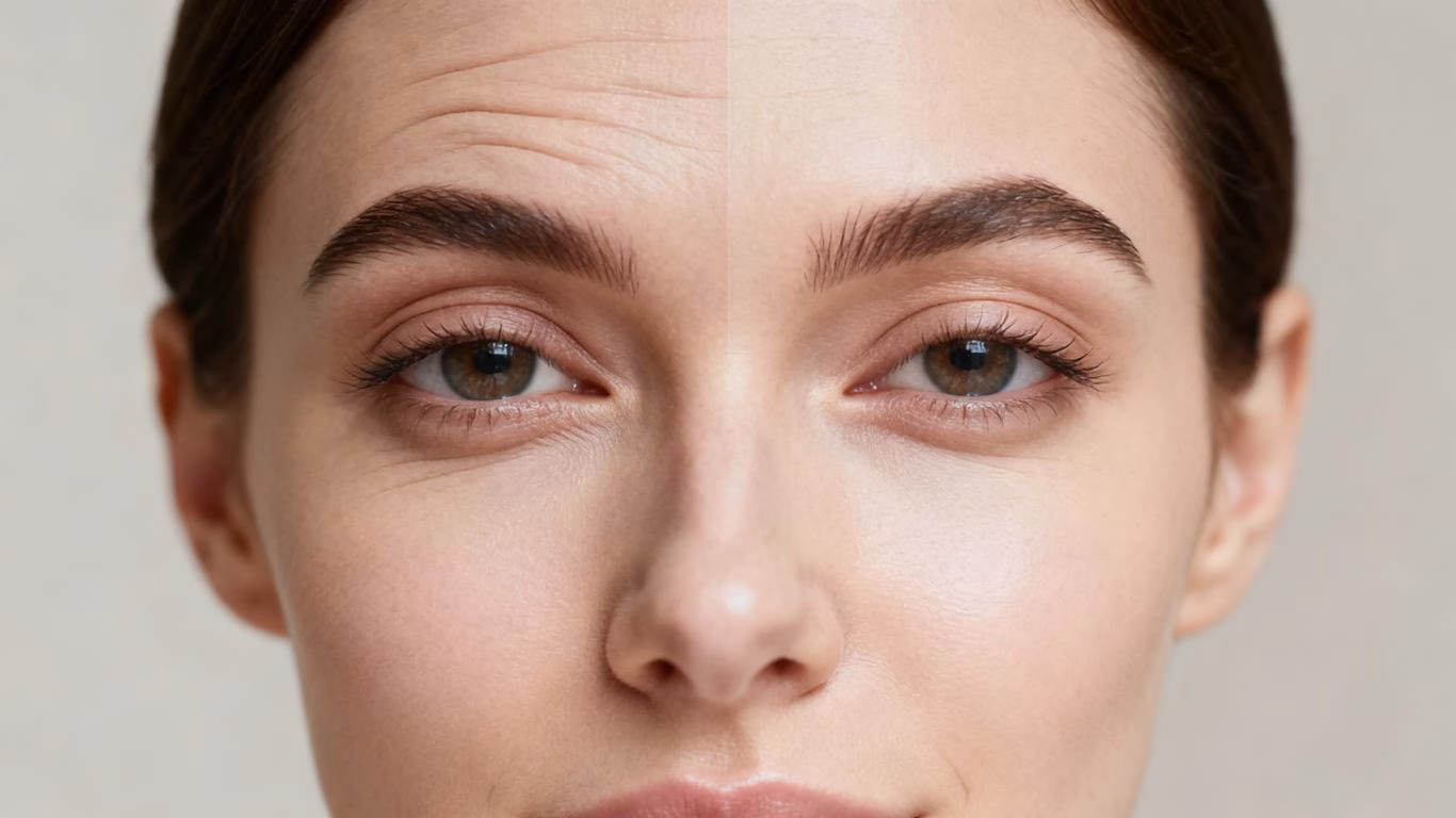 Woman's face showing forehead lines and crow's feet.