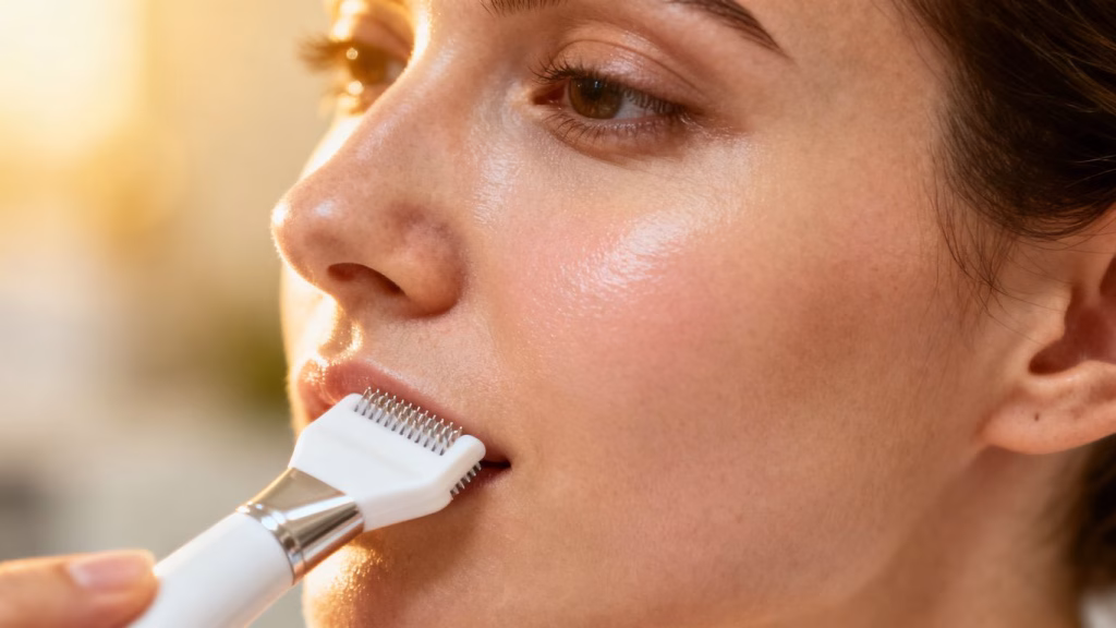 Close-up of face after microneedling treatment.