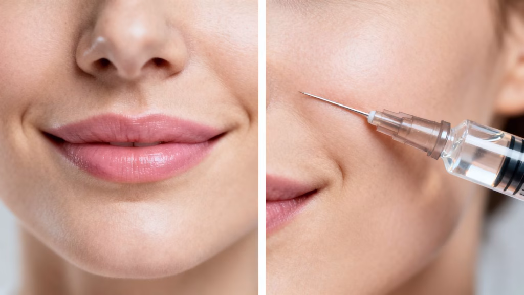Woman's face with smooth skin next to a syringe.