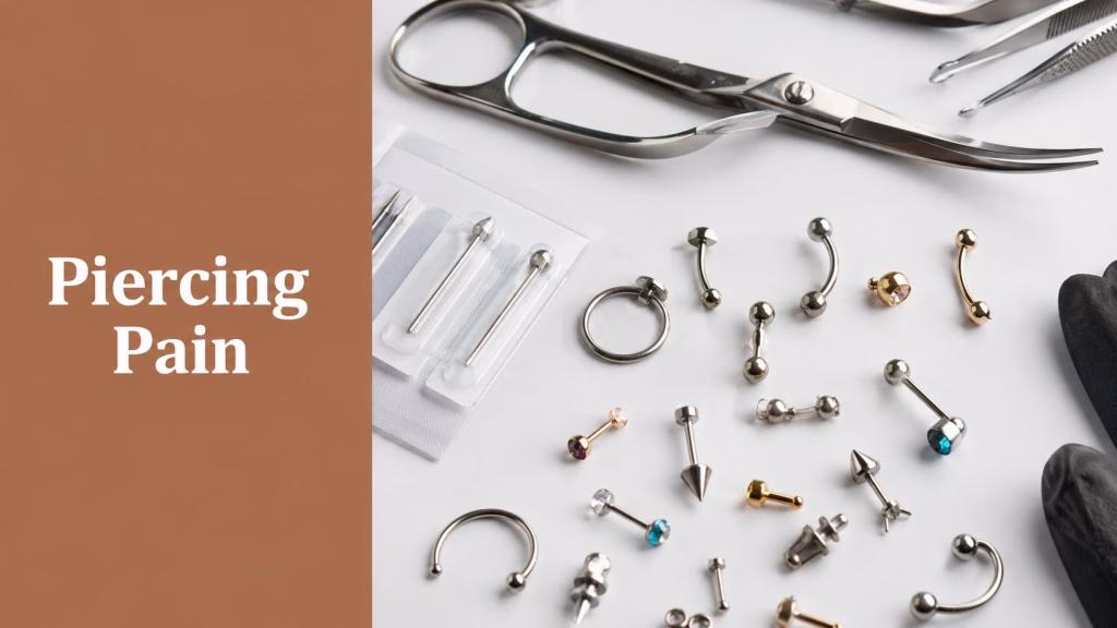 Piercing tools alongside a body piercing pain chart
