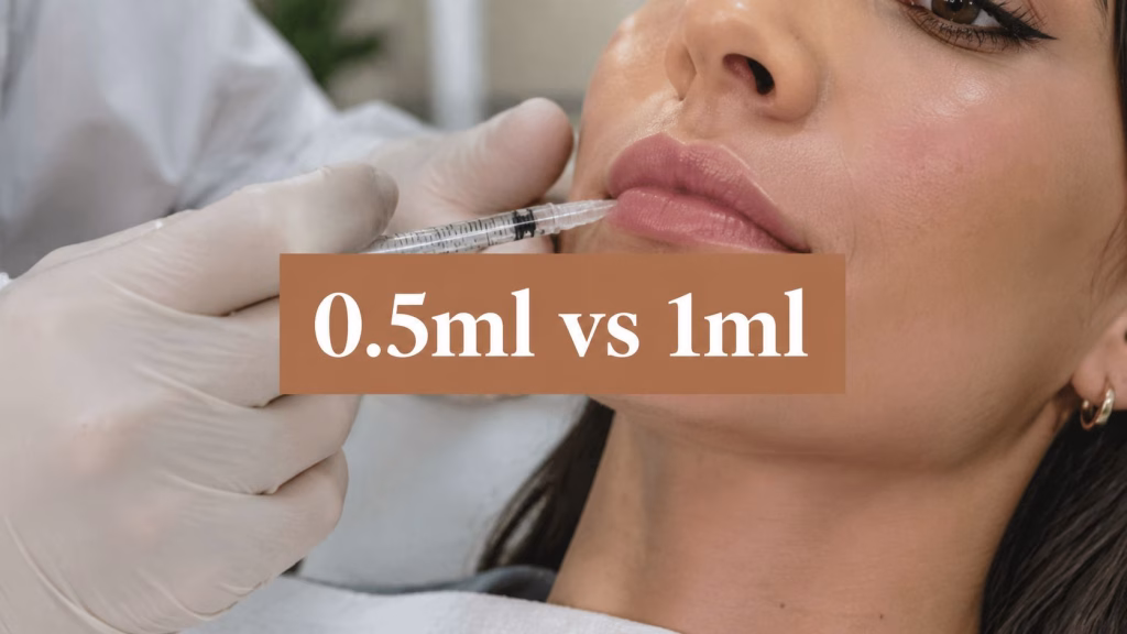 A gloved hand injecting lip filler into a woman's upper lip, beside a copper panel reading 0.5ml vs 1ml