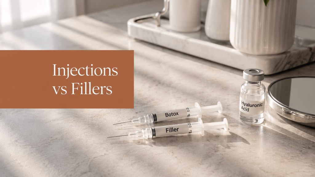 Two syringes and a small vial on a marble counter beside a tray, with a copper panel headed Injections vs Fillers