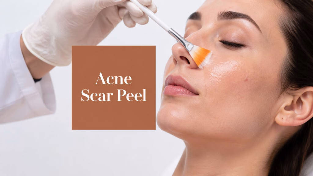 A gloved hand brushing peel solution onto a woman's cheek, beside a copper panel headed Acne Scar Peel