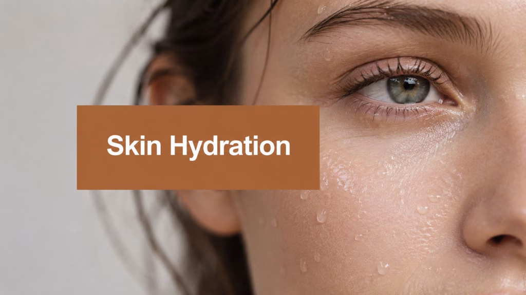 Close-up of a woman's eye and cheek showing dry, tight-looking skin, beside a copper panel headed Skin Hydration