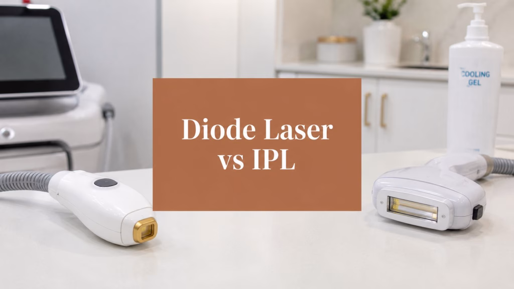 A laser hair removal handpiece resting beside its machine on a clinic worktop, with a copper panel headed Diode Laser vs IPL