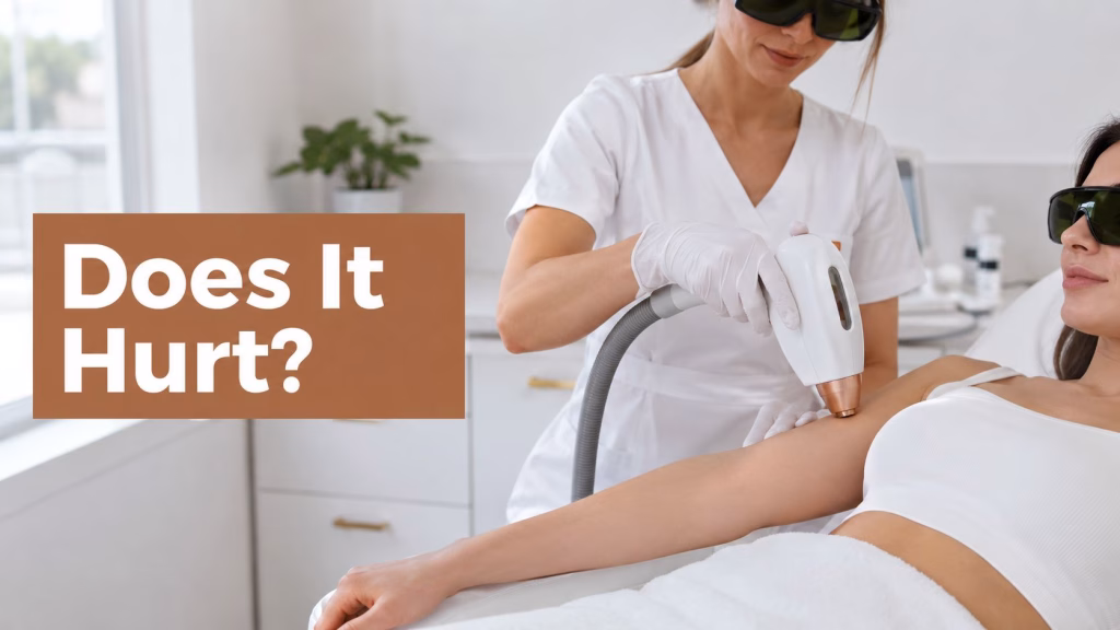 A practitioner passing a laser handpiece over a client's underarm in a treatment room, beside a copper panel headed Does It Hurt?