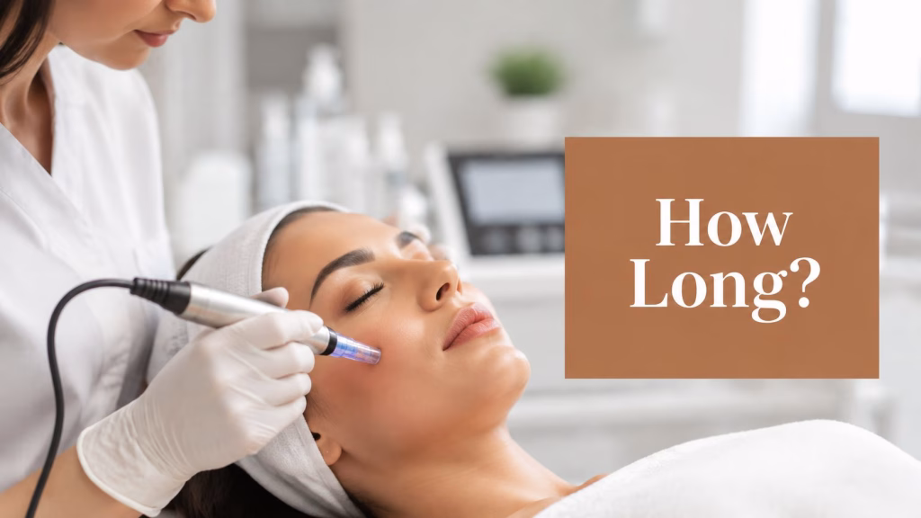 A client lying back while a handheld treatment device is passed over her cheek, beside a copper panel headed How Long?