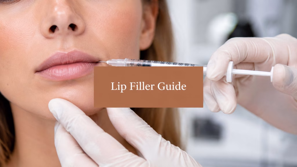 Gloved hands holding a syringe near a woman's lips, beside a copper panel headed Lip Filler Guide