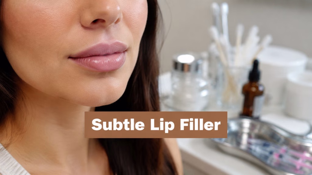 Close-up of a woman's lower face and lips in a treatment room, beside a copper panel reading Subtle Lip Filler