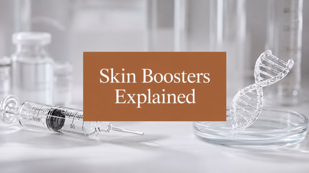 Vials and laboratory glassware on a clinic worktop, with a copper panel headed Skin Boosters Explained