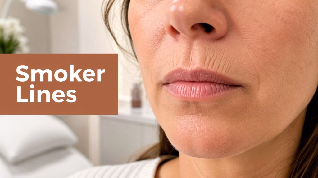 Close-up of a woman's mouth and the fine lines around it, beside a copper panel headed Smoker Lines