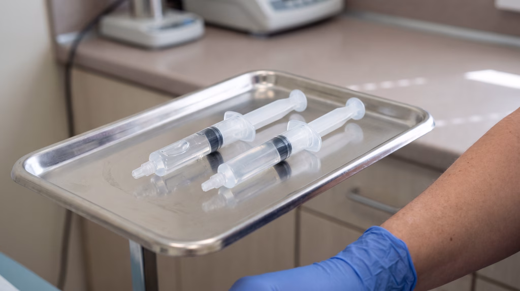 Two plain syringes on a steel tray, one filled to about half and one filled to the top