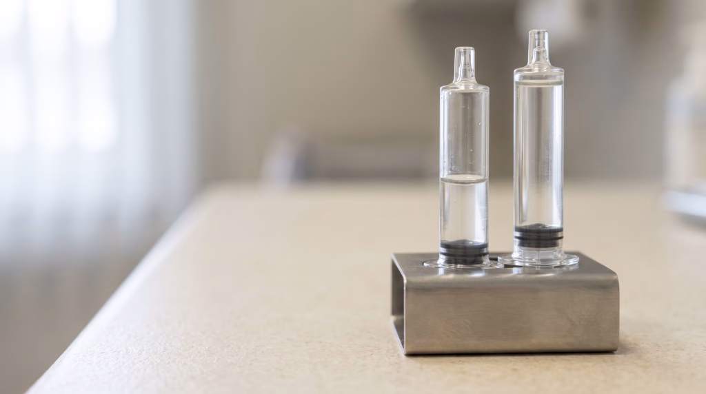 Two clear filler syringes in a steel stand, one filled well below the other to show the volume