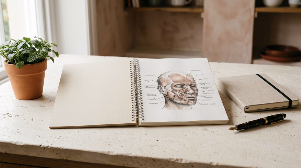 An open training manual showing facial muscle anatomy on a worktop beside a notebook and pen