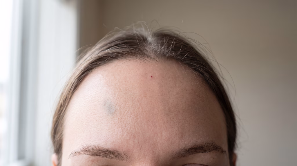A small faint bruise and a pinprick mark on a forehead a day after anti-wrinkle injections