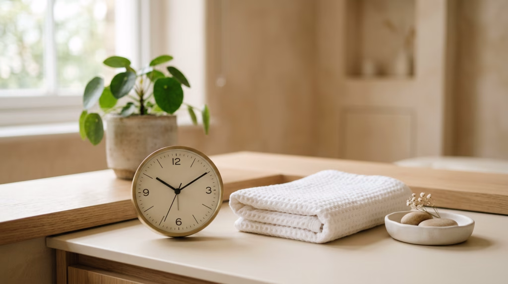 A small desk clock beside a folded white towel and a ceramic dish on a cream clinic worktop, with a plant on the windowsill behind