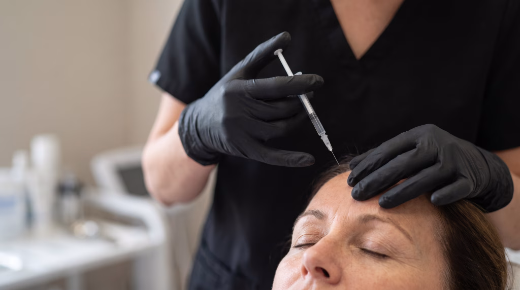 Gloved hands placing a small anti-wrinkle injection into the frown line between the brows