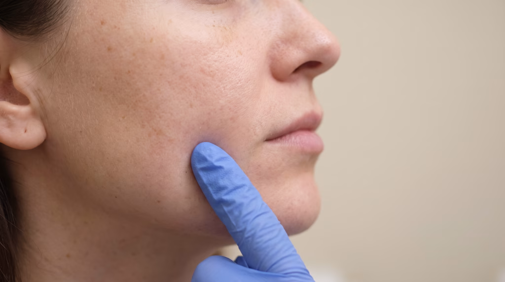 A gloved fingertip assessing patches of pigmentation at the cheekbone during a skin consultation