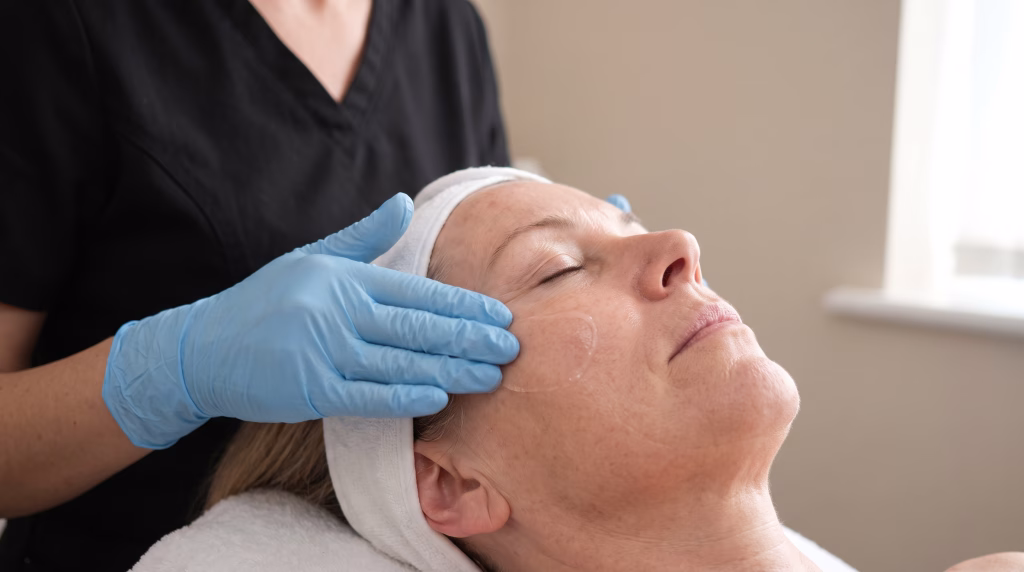 Gloved fingertips massaging serum into the cheek of a woman in her fifties during a facial