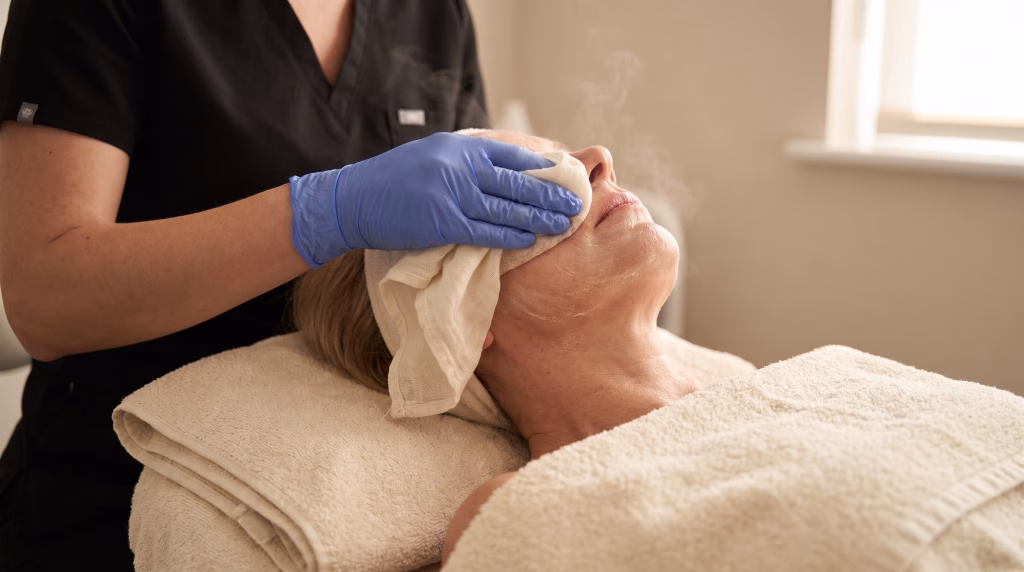 A warm damp cloth being pressed over the face of an older client at the end of a facial