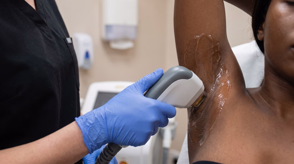 A laser hair removal handpiece against the underarm of a woman with deep brown skin, gel on the skin