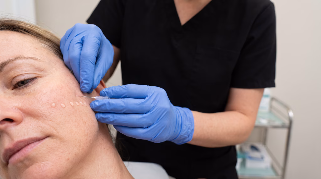 A fine needle placing a skin booster, with a row of tiny raised blebs already across the cheek