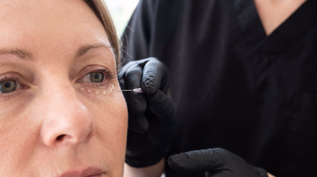 A fine needle placing a skin booster along the upper cheekbone, tiny blebs under the eye