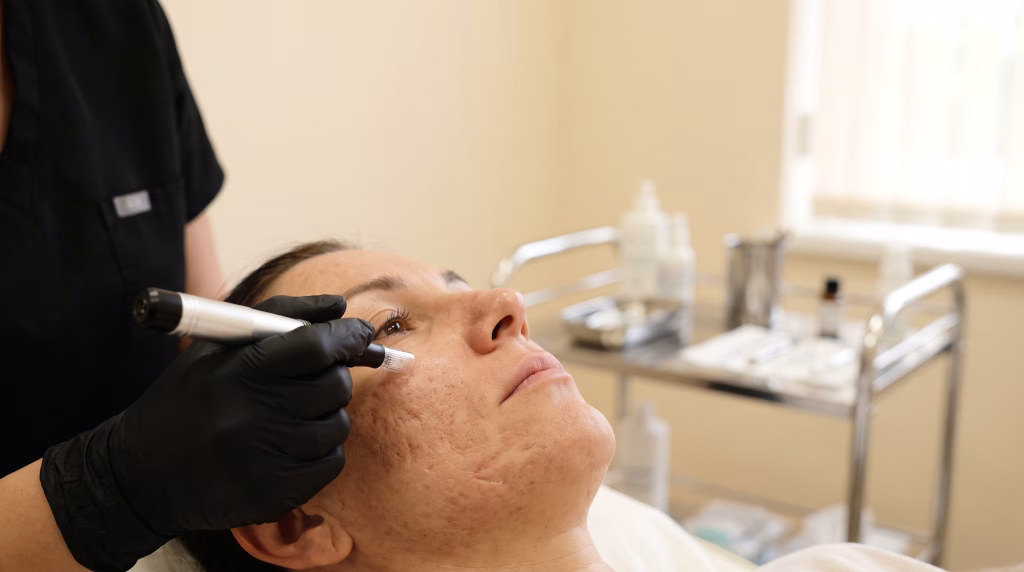 A microneedling pen being worked over a cheek with old acne scarring during a treatment