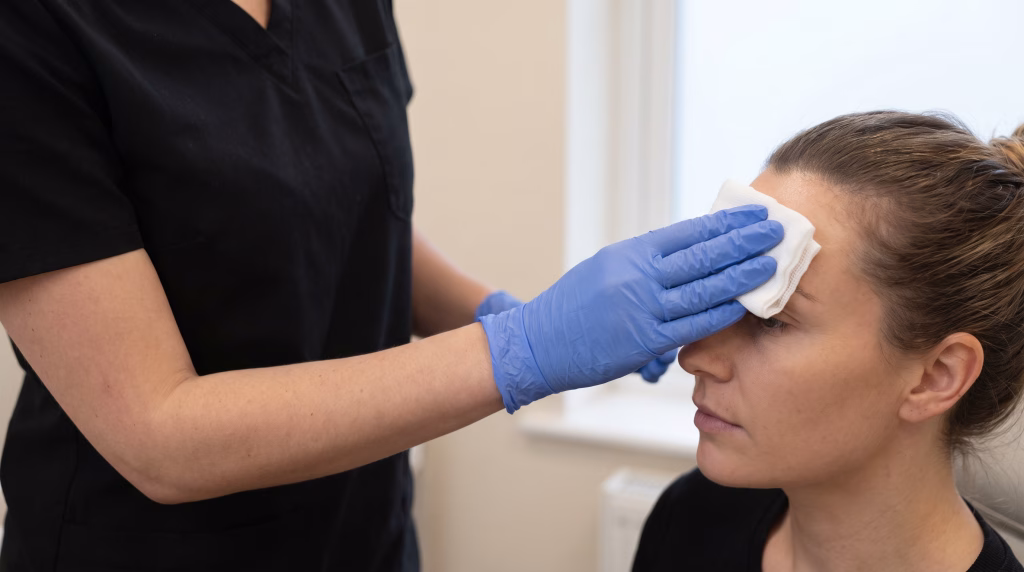 A gloved hand pressing folded gauze to a forehead immediately after anti-wrinkle injections