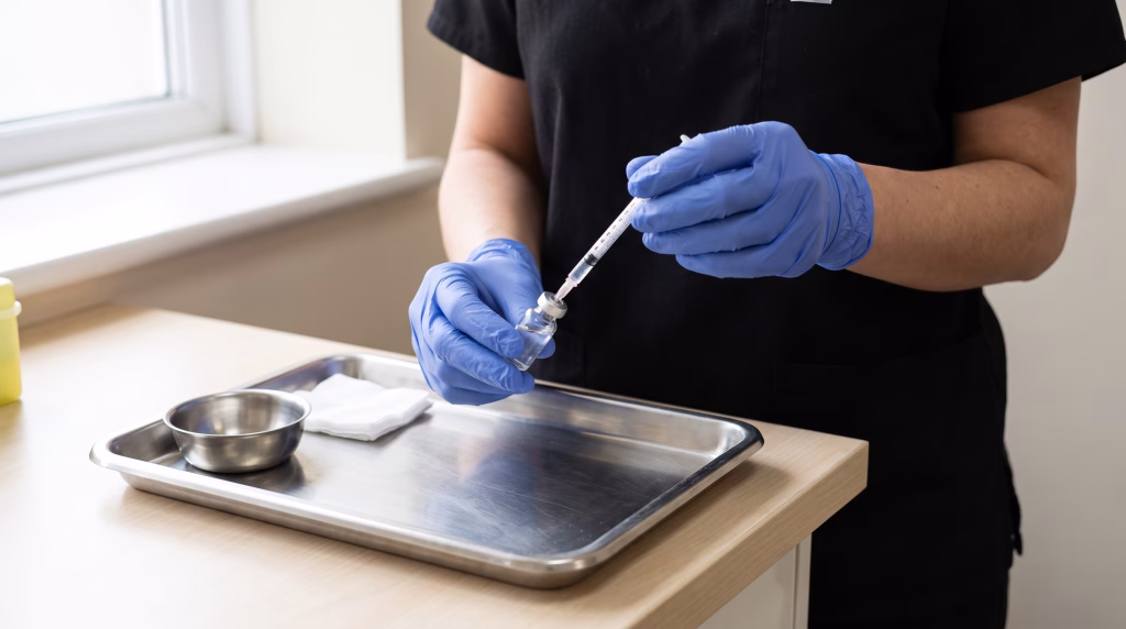 Gloved hands drawing a small measured dose from an unlabelled vial into a fine syringe