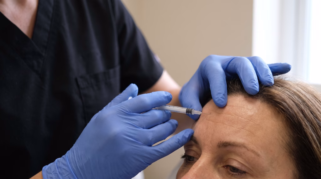 Gloved hands placing a small anti-wrinkle injection into a horizontal forehead line