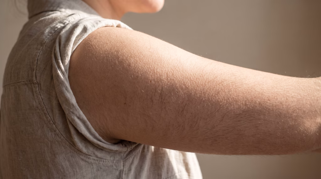 Close-up of fine hairs on a woman's bare upper arm in soft raking light