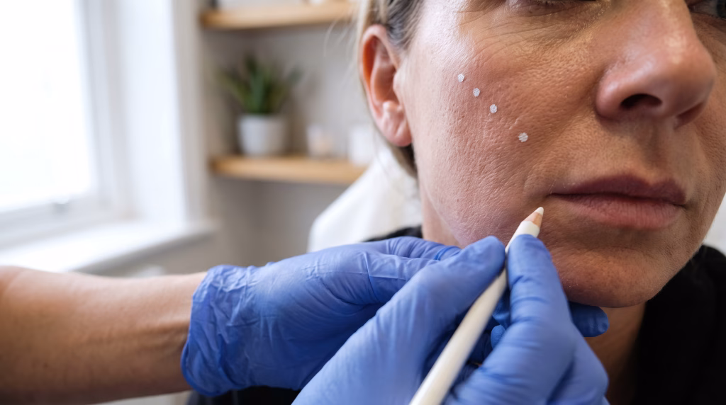 White pencil dots along a client's upper cheekbone showing where cheek filler is planned