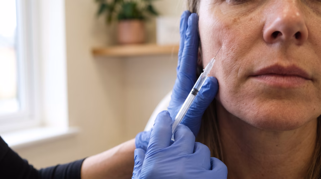 A fine needle placing dermal filler high on a client's cheekbone
