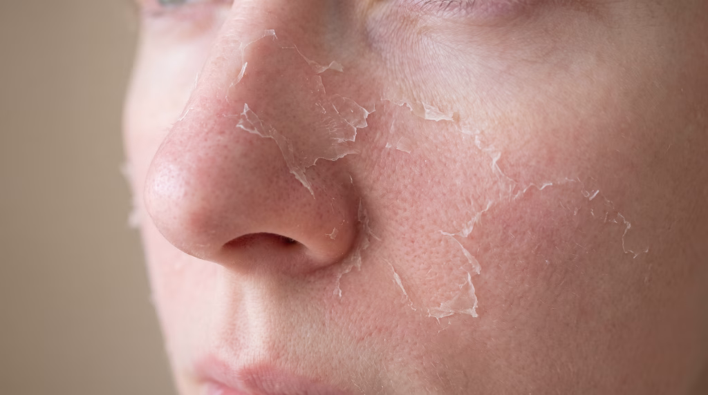 A cheek and nose peeling away in fine dry papery sheets four days after a chemical peel