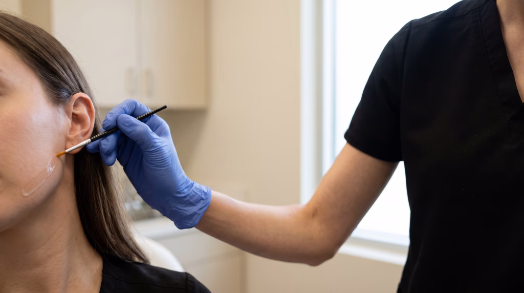 A gloved hand laying a thin strip of peel solution on a single test patch at the side of the jaw