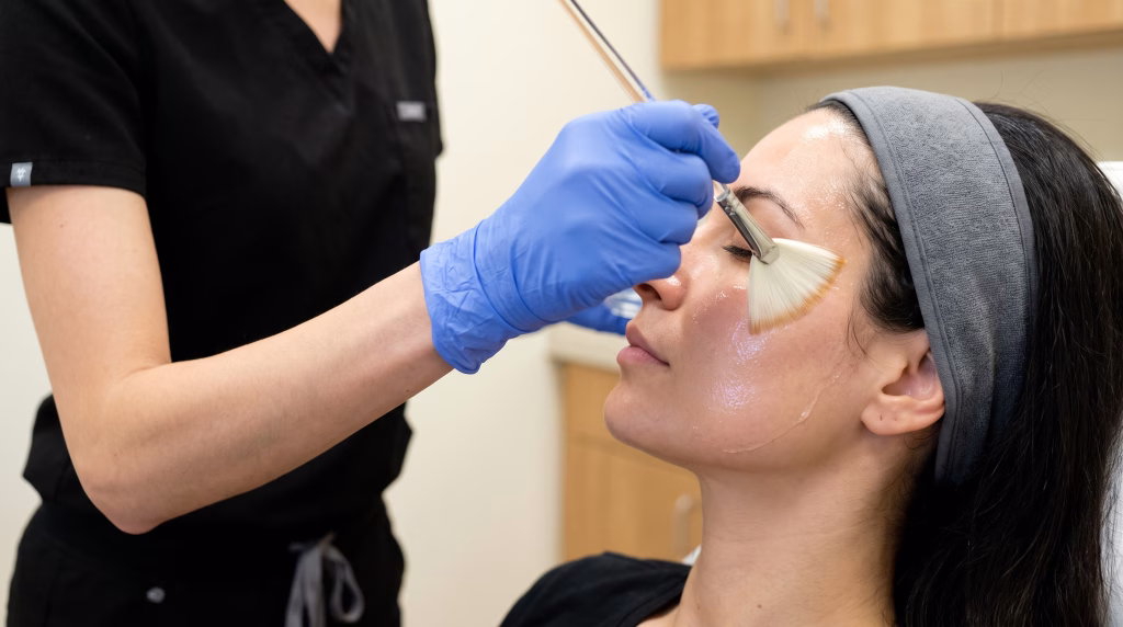 A fan brush sweeping clear peel solution down the side of a cheek, the treated strip glossy