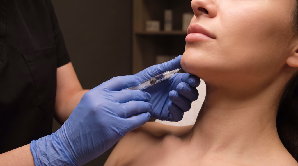 Gloved hands placing dermal filler at the point of a woman's chin with a fine needle during a chin filler appointment