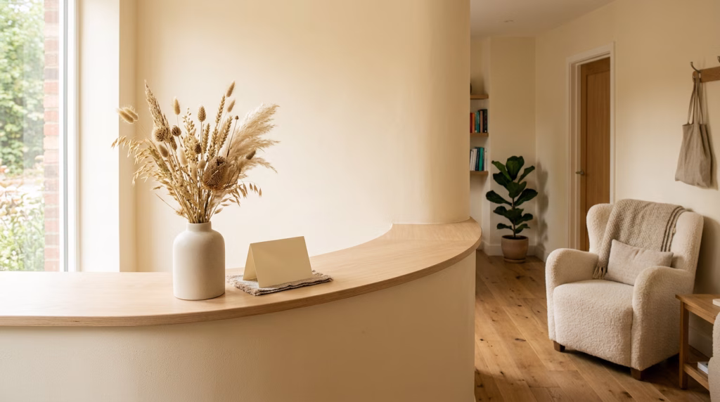 The front desk corner of a small independent clinic with a vase of dried grasses
