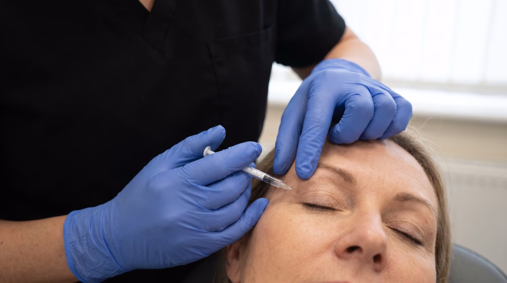 Gloved hands placing an anti-wrinkle injection just outside the outer corner of a closed eye