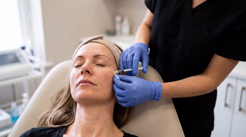 Filler placed high on the cheekbone with a fine needle while the client rests back on the couch