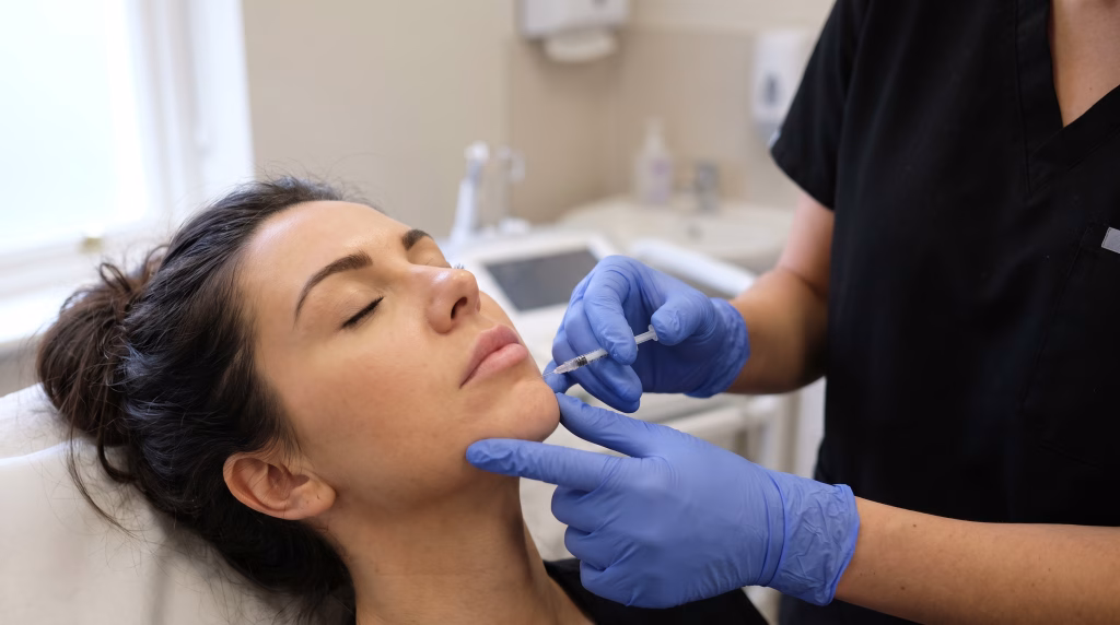 Gloved hands placing filler into the point of the chin with a fine needle