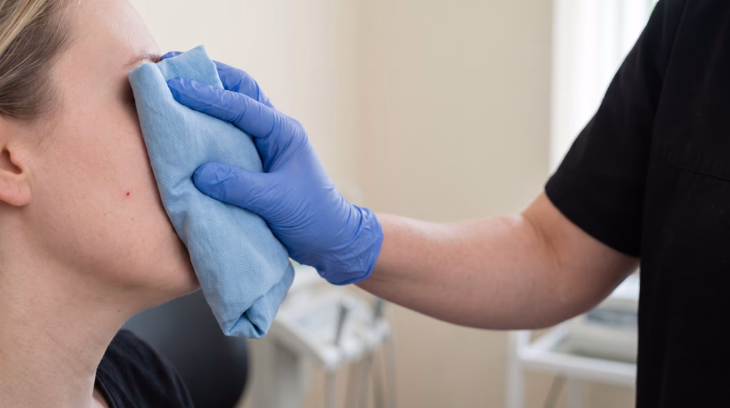 A gloved hand holding a cold compress against a cheek the day after dermal filler