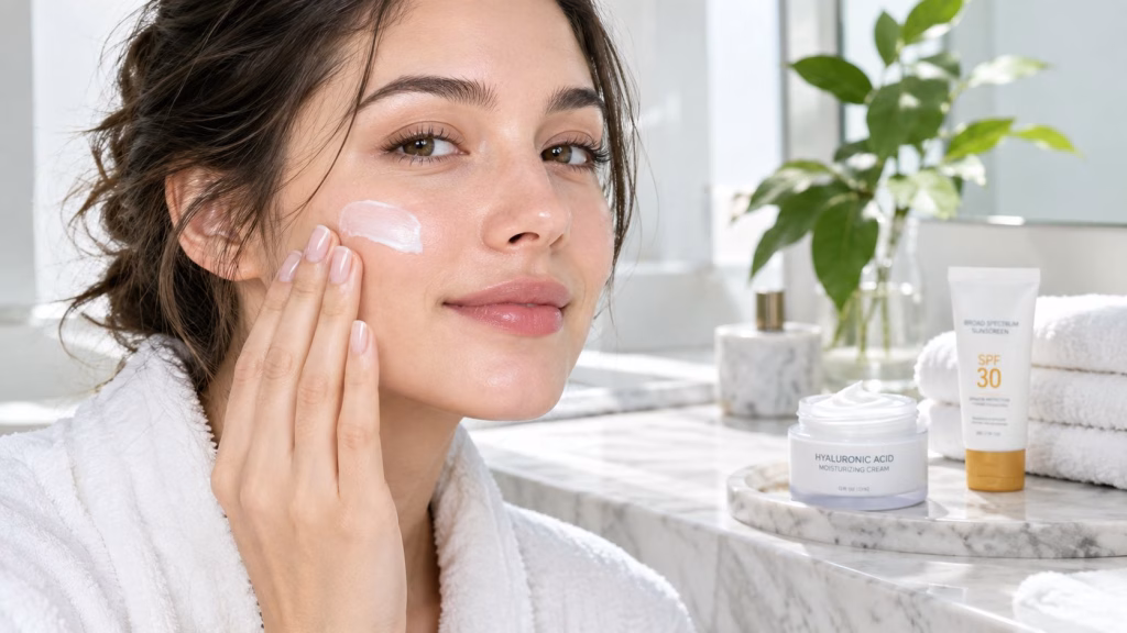 A woman in a white robe applying moisturiser to her cheek at a bathroom counter