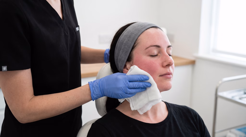 A gloved hand pressing a cool damp cloth to a cheek that is evenly flushed after a facial