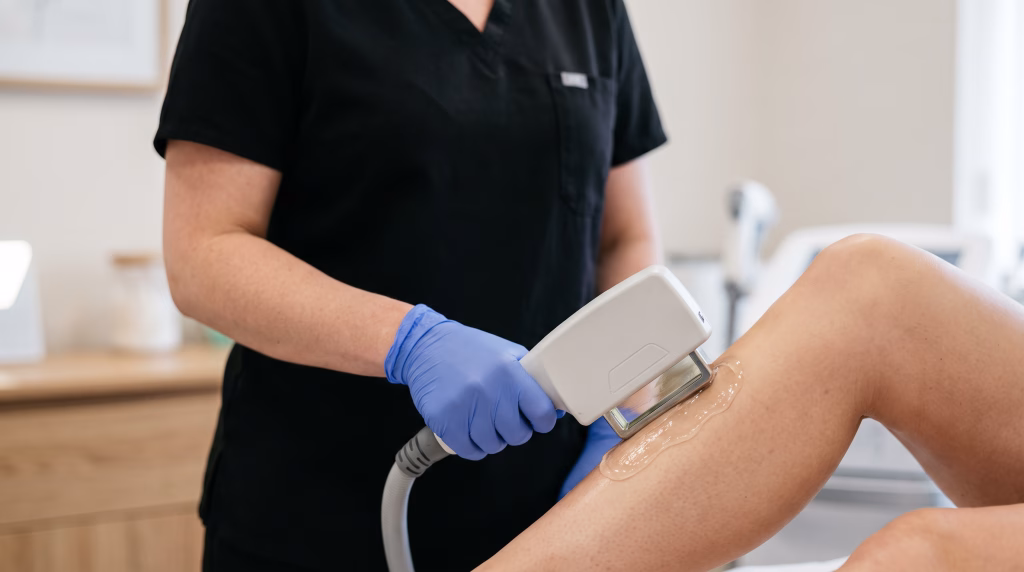A flat-headed diode laser applicator held square against a woman's lower leg with gel beneath it