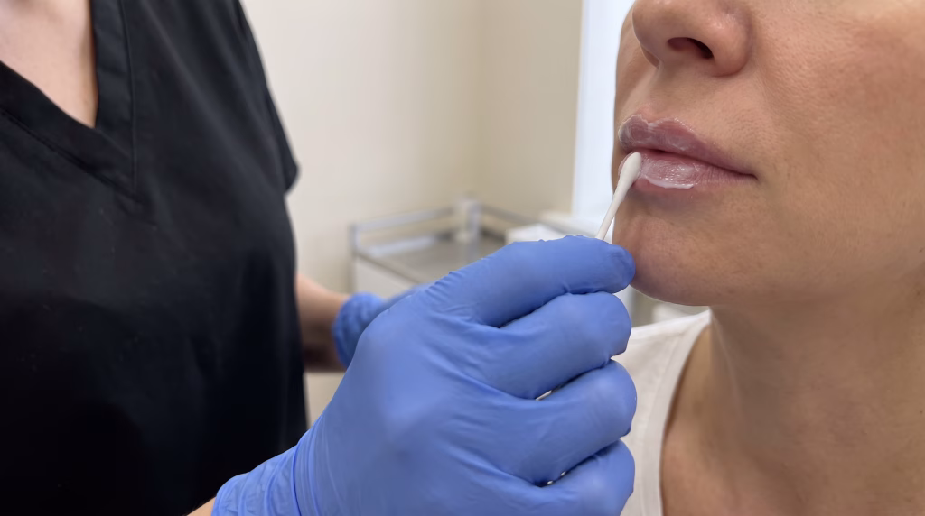 A gloved hand spreading numbing cream over the lips with a cotton bud before a filler treatment